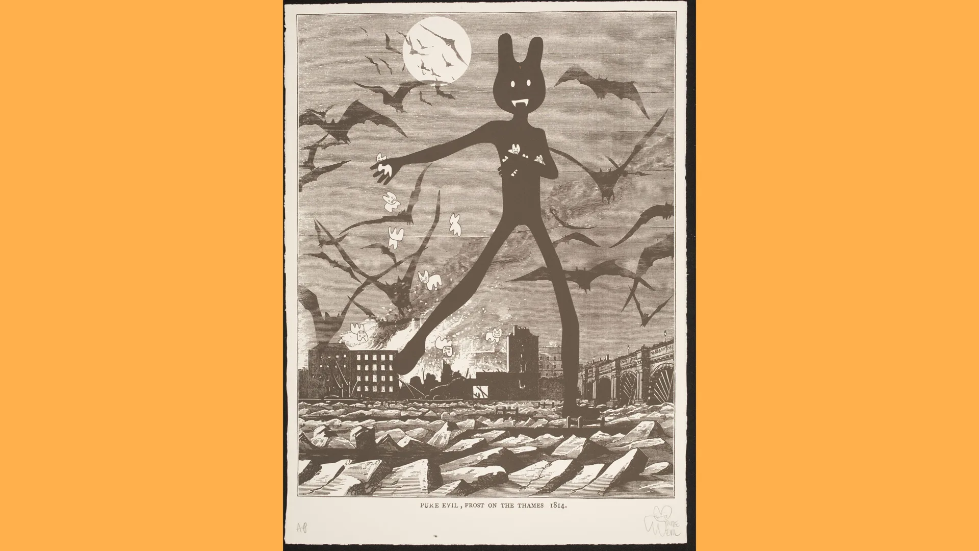 A print of a giant vampire bunny walking through London against a moonlit night and bats flying in the air, dropping people into the Thames river.