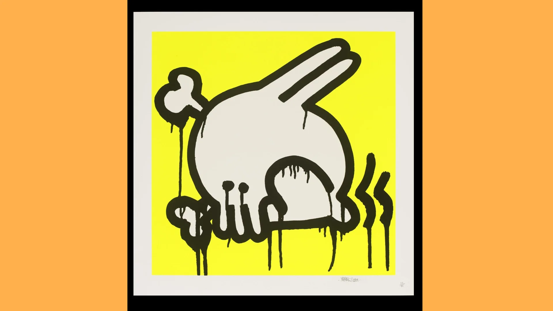 A print by the artist Nomad showing a drawing of a bunny with a skull face and bones sticking out of it's head on a yellow background in a black frame. The image is bordered with orange background.
