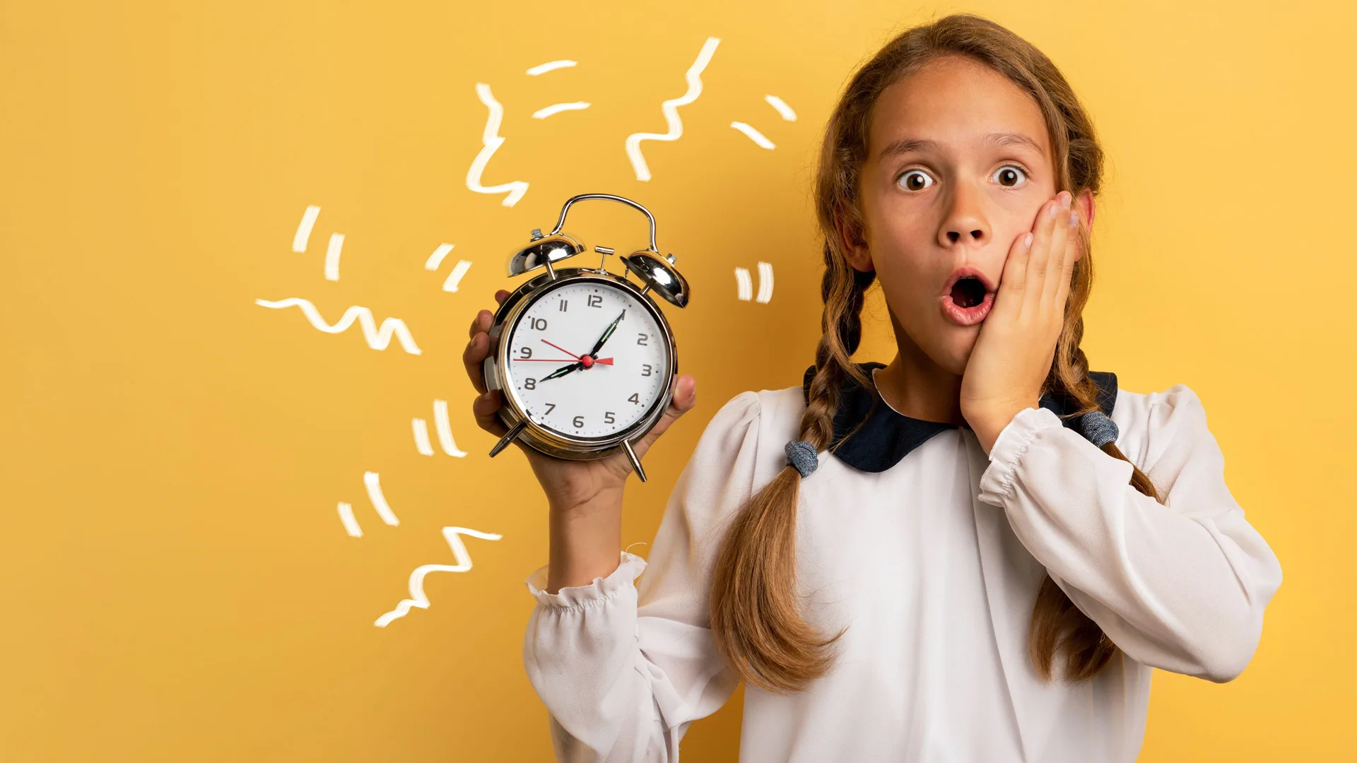 A photograph of a girl holding a clock looking shocked with white squiggly lines around the clock against a yellow background