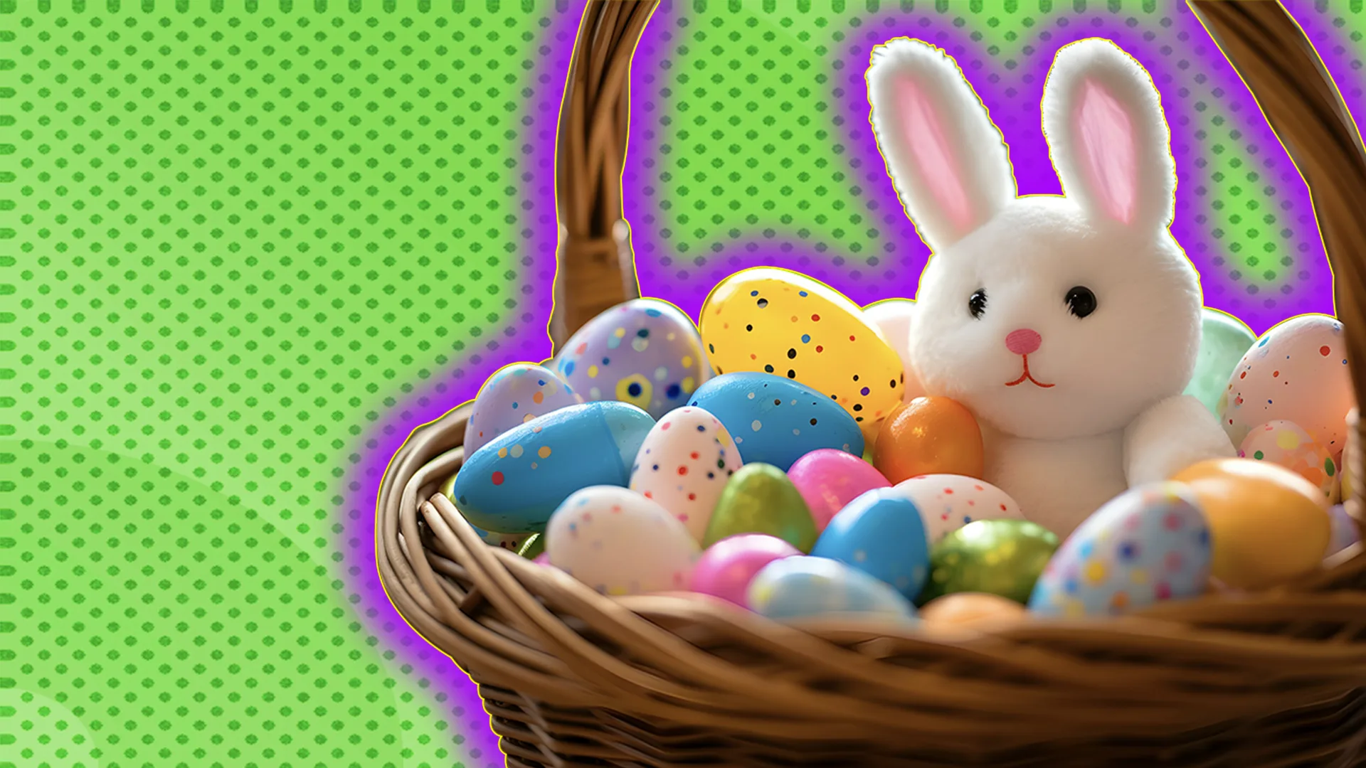 Easter egg basket with bunny toy and eggs green spotted background