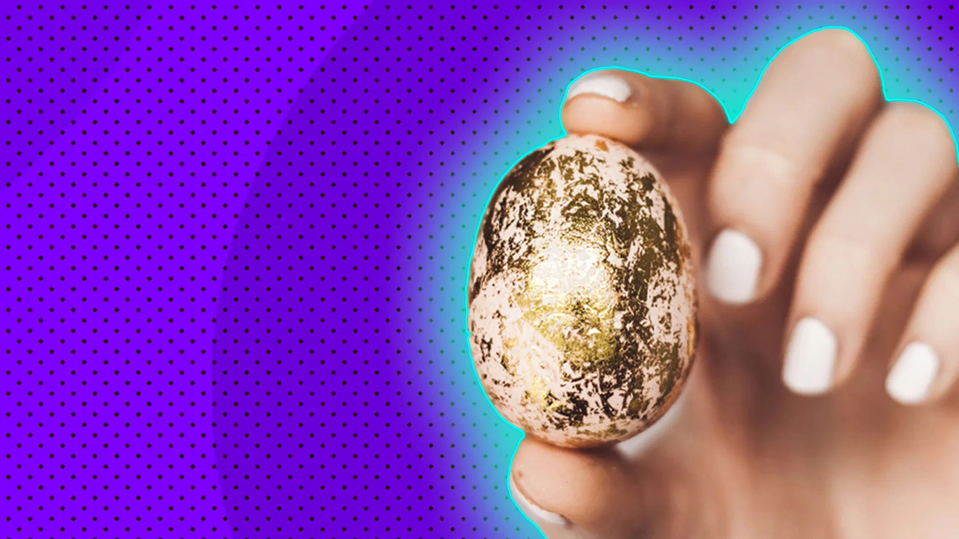 Hand holding egg decorated in gold leaf, against a purple spotty background