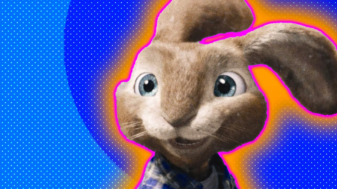 Image of Hop from the movie Hop against a blue background with an orange halo