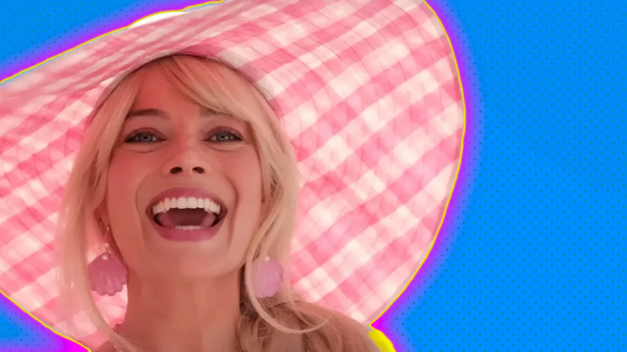 Margot Robbie as Barbie wearing a giant pink gingham hat on a blue dotted background with a purple halo