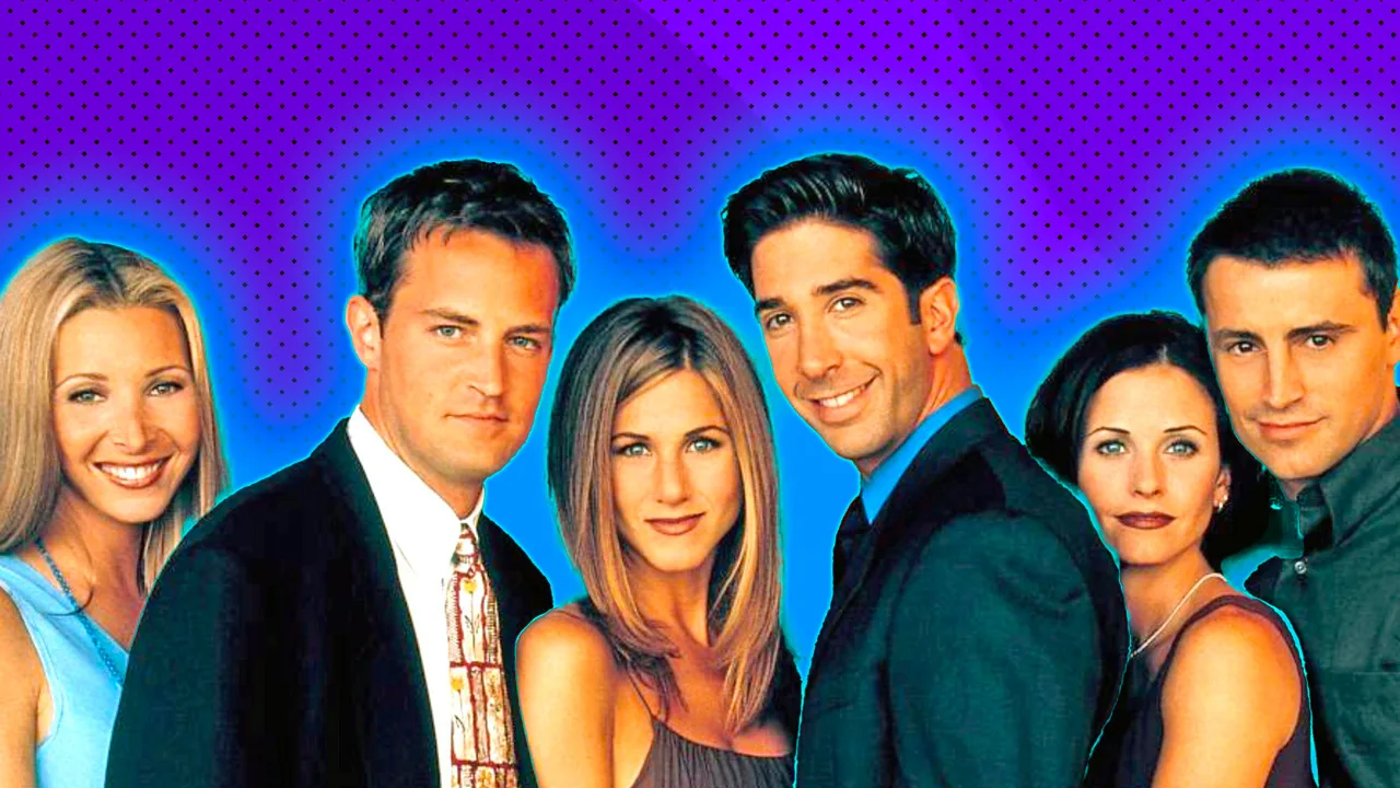 A photograph of the cast of Friends against a purple dotted background with a blue halo around them
