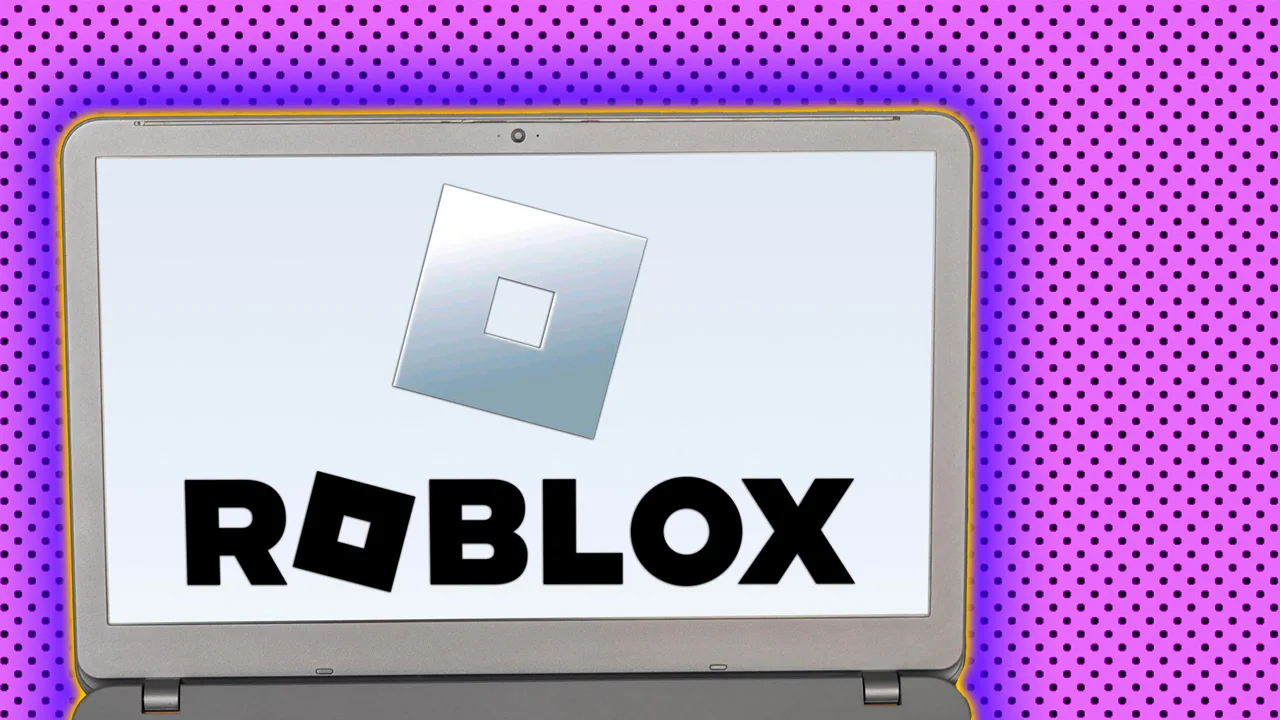 Roblox logo on a laptop screen against a purple dotted background with a blue halo