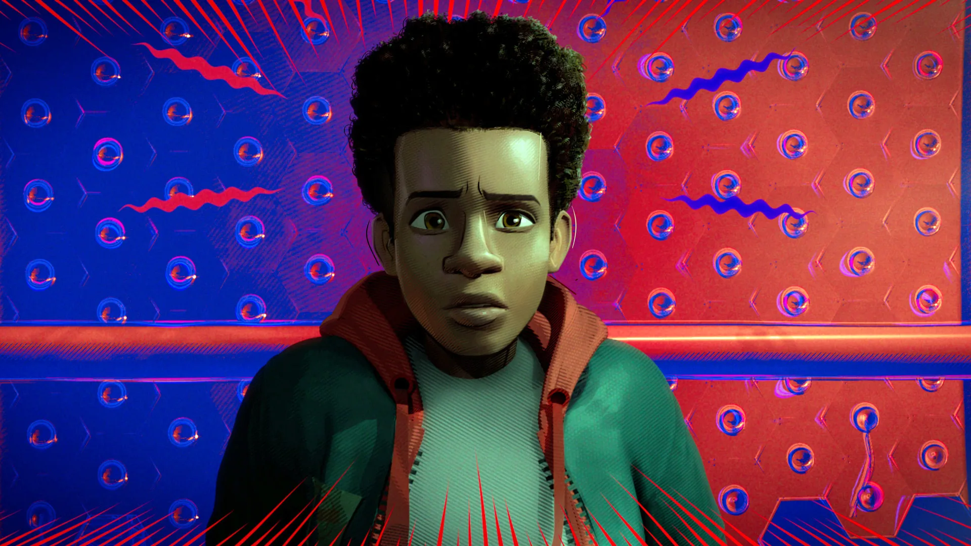 A still from Marvel's Spiderverse of Miles Morales against a blue and red background