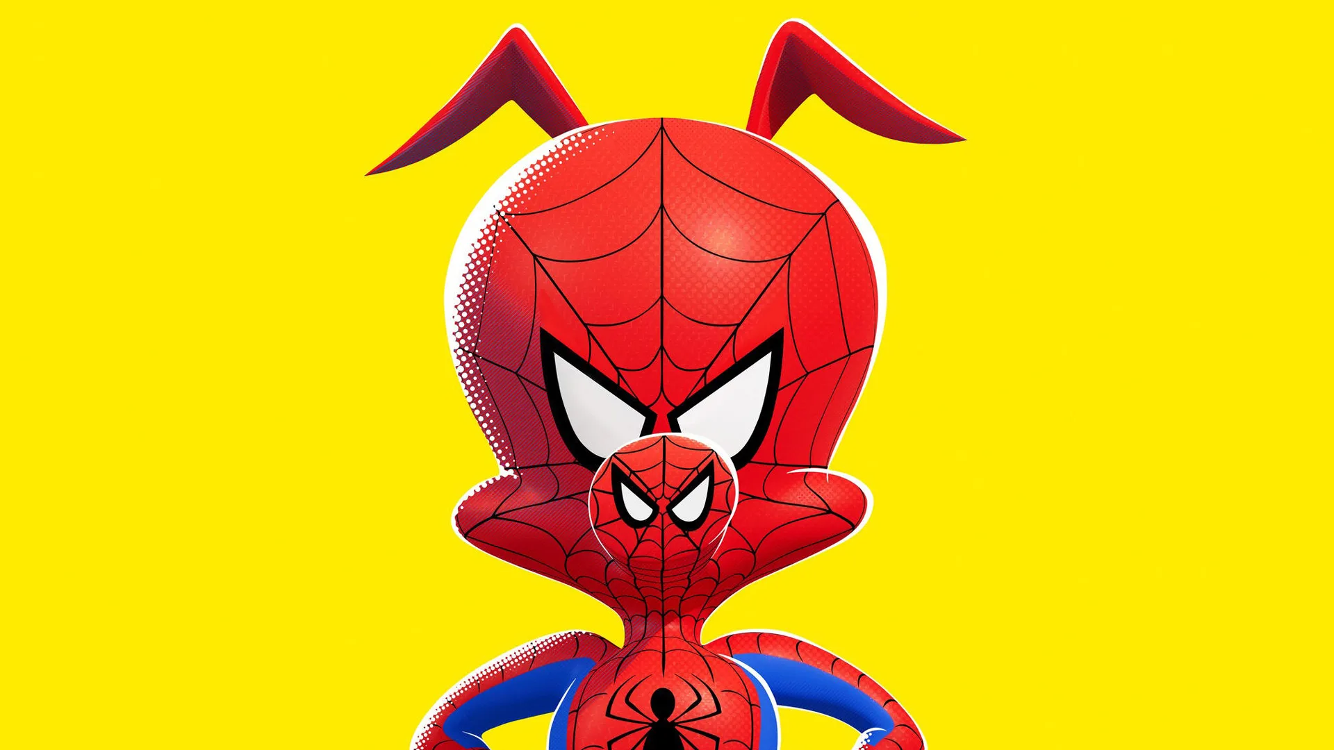 A still from the poster for Spiderverse of Spiderman against a yellow background