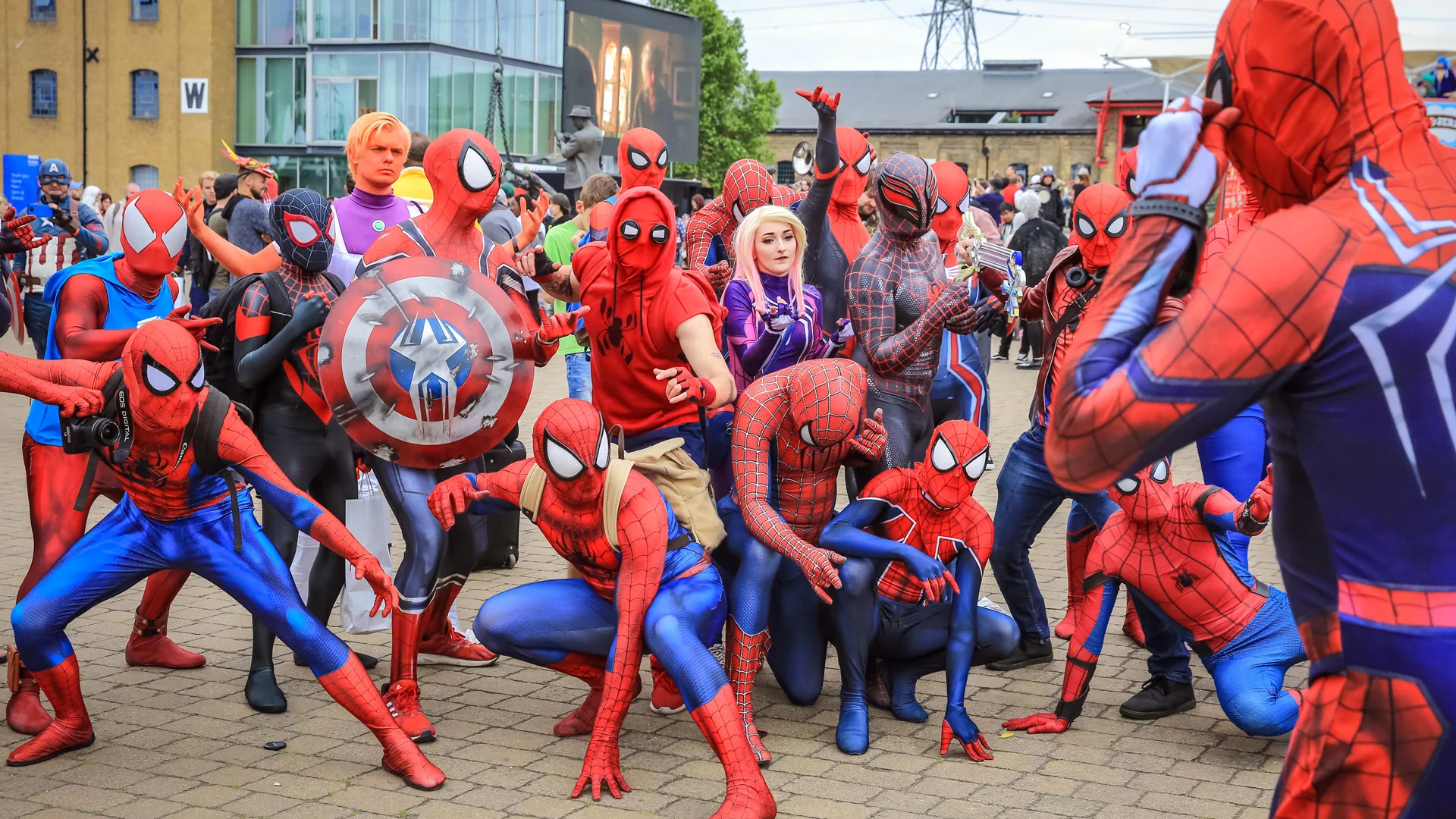 A photograph of many people dressed as different Spider-man and Spider-woman all posing in a superhero pose
