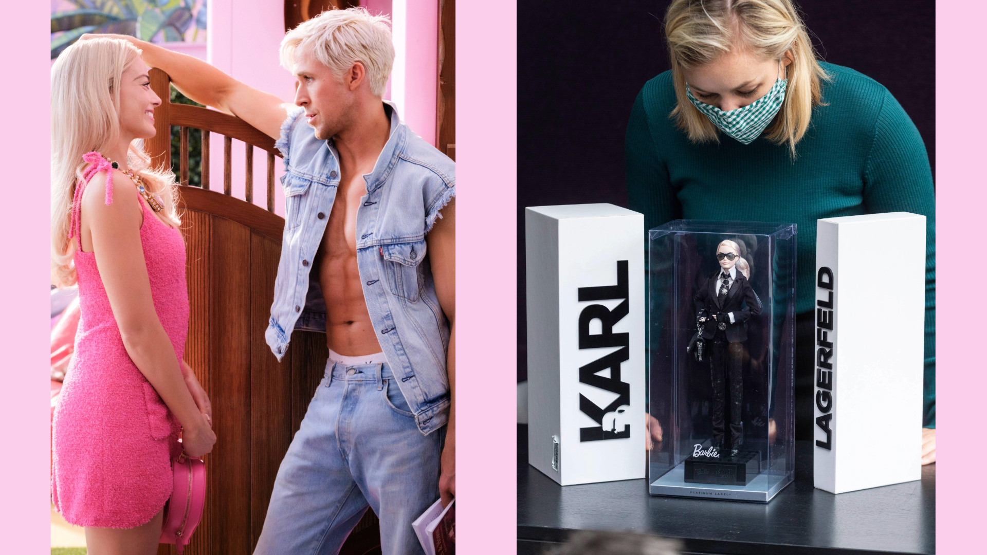 A photograph of Margot Robbie and Ryan Gosling as Barbie and Ken from the movie Barbie next to a photo of a woman wearing a surgical mask leaning over a special Barbie made for Chanel in honour of the designer Karl Lagerfield