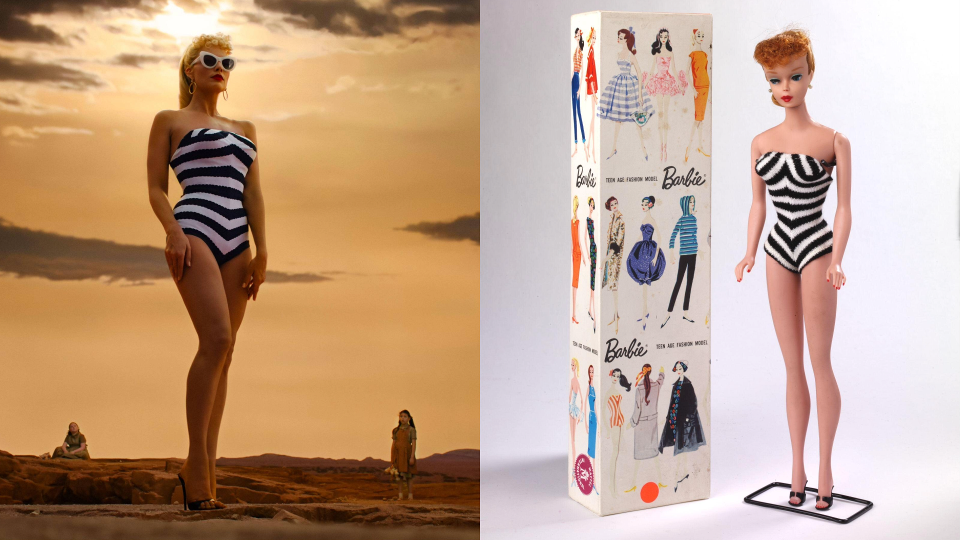 A photograph of Margot Robbie as Barbie in the movie Barbie dressed in a black and white striped swimsuit with a desert in the background alongside a photograph of the first ever Barbie doll from 1959 wearing a black and white swimsuit next to the box on a white background