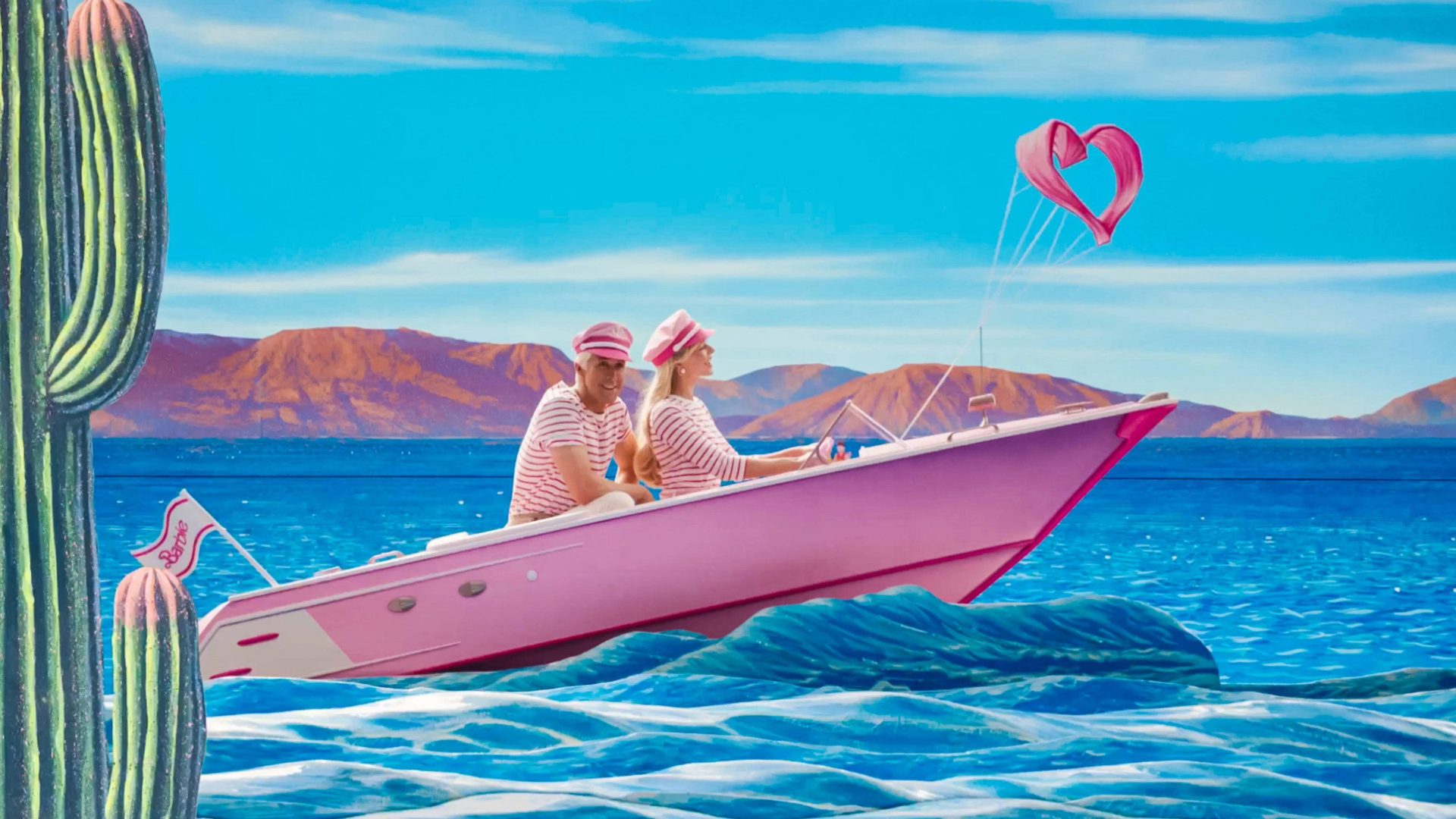 Barbie and Ken from the movie Barbie riding a pink speedboat on a blue lake with blue sky with red mountains in the background and a green cactus in the foreground