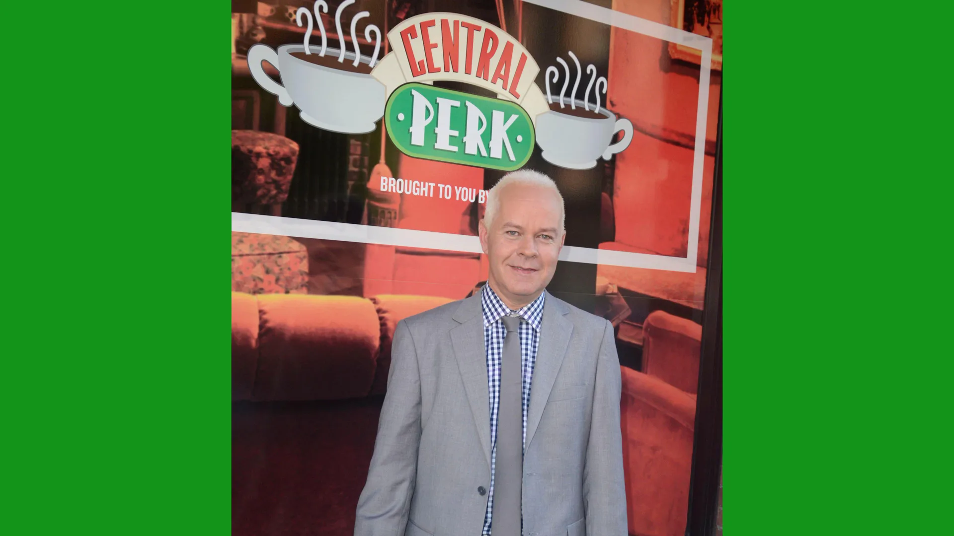 A photograph of Gunther from Friends stood outside the coffee shop. The picture has green borders.