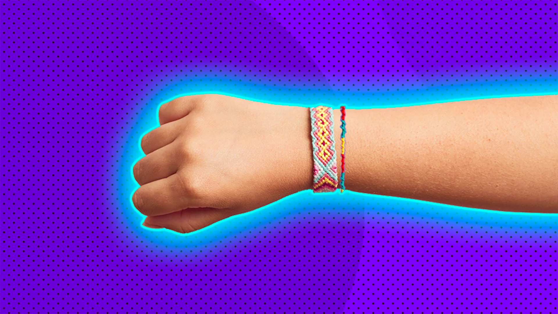 An arm wearing 2 fabric friendship bracelets held out against a purple background