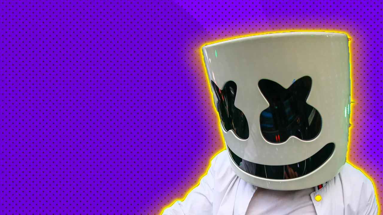 A photograph of the DJ Marshmello against a purple dotted background with a yellow halo