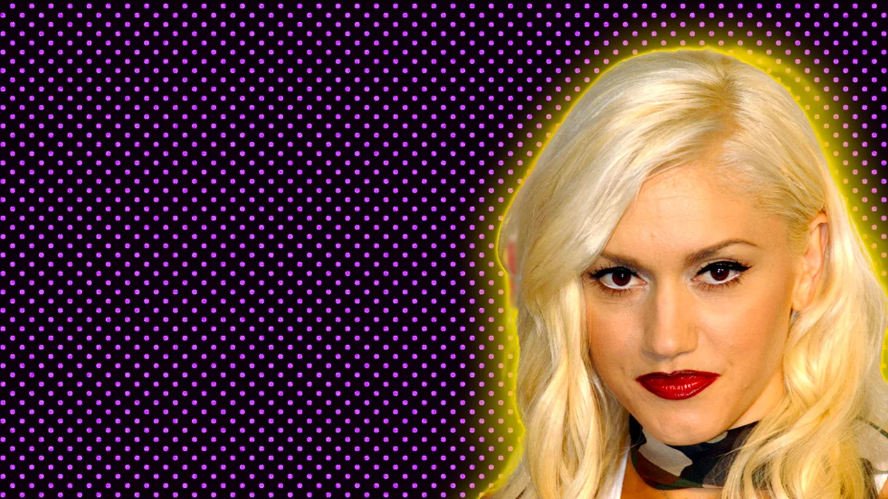 A photo of singer Gwen Stefani smiling directly at the camera with a purple dotted background and yellow halo
