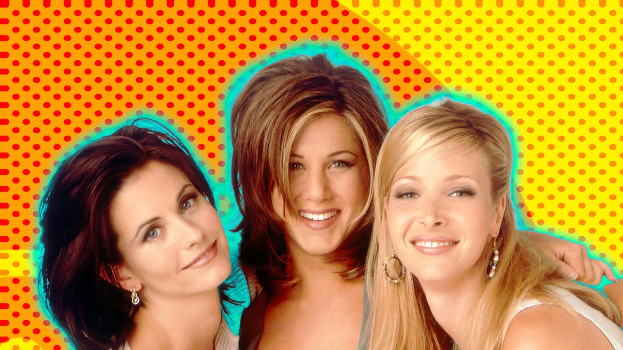 A photo of Monika, Rachel and Phoebe from Friends hugging eachother smiling against a yellow and orange dotted background with a blue halo