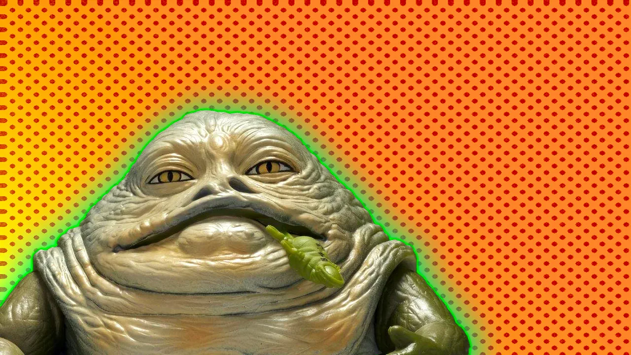 A photo of Jabba Glob toy in V&A collection against an orange dotted background with a green halo