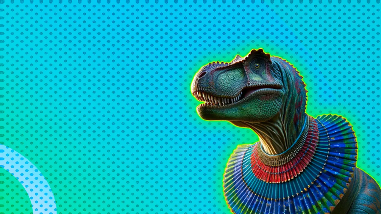 An AI generated image of a t-rex in a large colourful fan necklace against a blue dotted background with a green halo