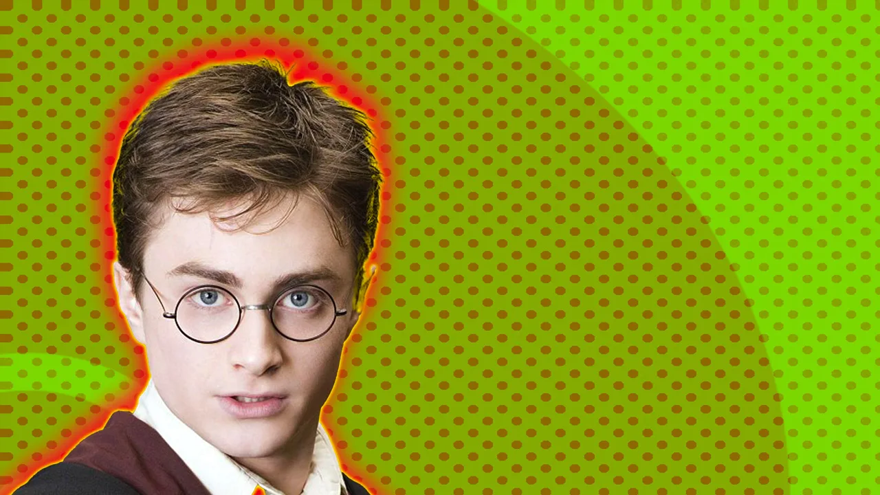 A photo of the actor Daniel Radcliffe in character as Harry Potter staring directly at the camera with his round glasses against a green dotted background with an orange halo