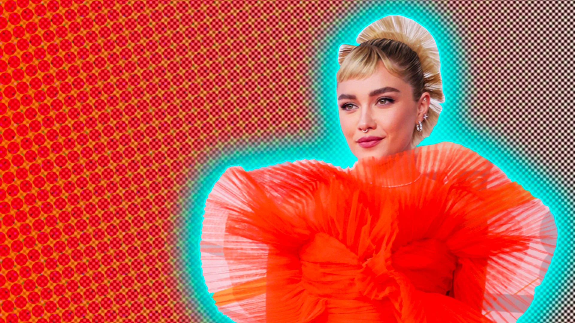 Actor Florence Pugh in a orange gown against a red background