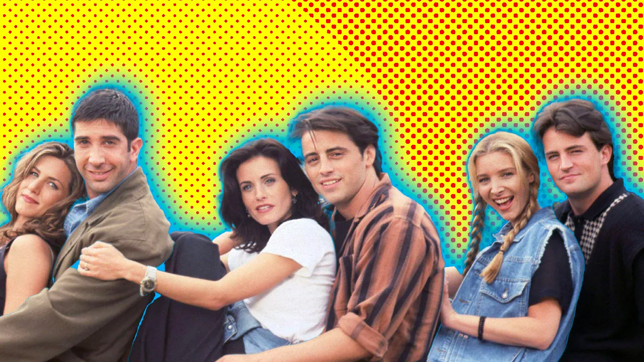 A photograph of the cast of Friends sat in a line hugging eachother against a yellow dotted background with a blue halo