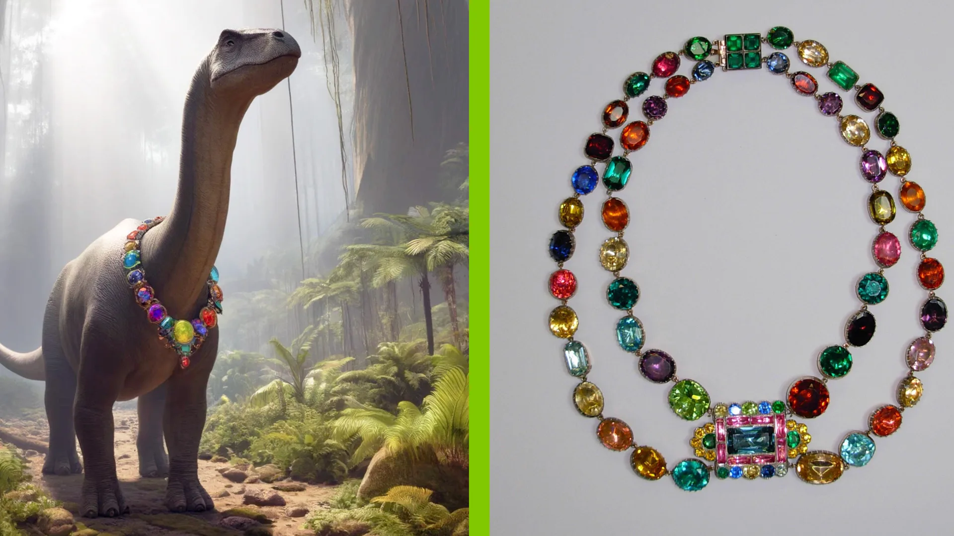An AI image of a diplodocus wearing a colourful paste necklace - next is the photo of the real necklace from the V&A collection
