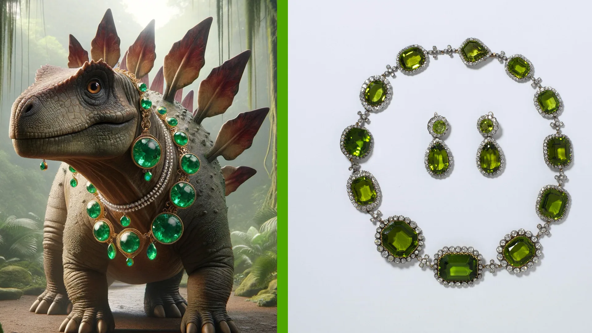 An AI image of a stegosaurus wearing a peridot necklace and earrings next to the real photograph of the necklace and earrings from the V&A collection