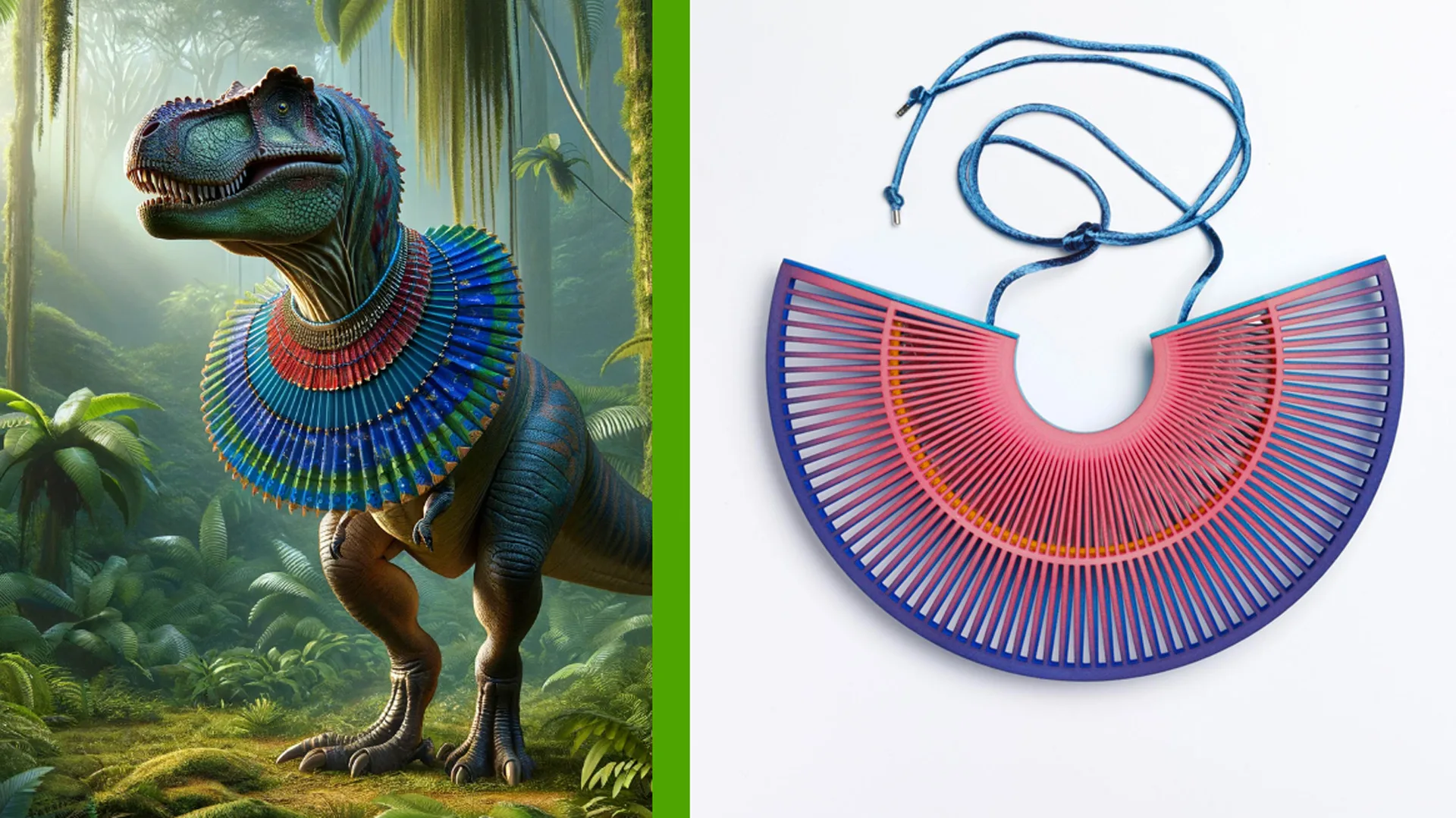 An AI generated image of a T-Rex wearing a blue and pink fan necklace next to the real image of the necklace from the V&A collection