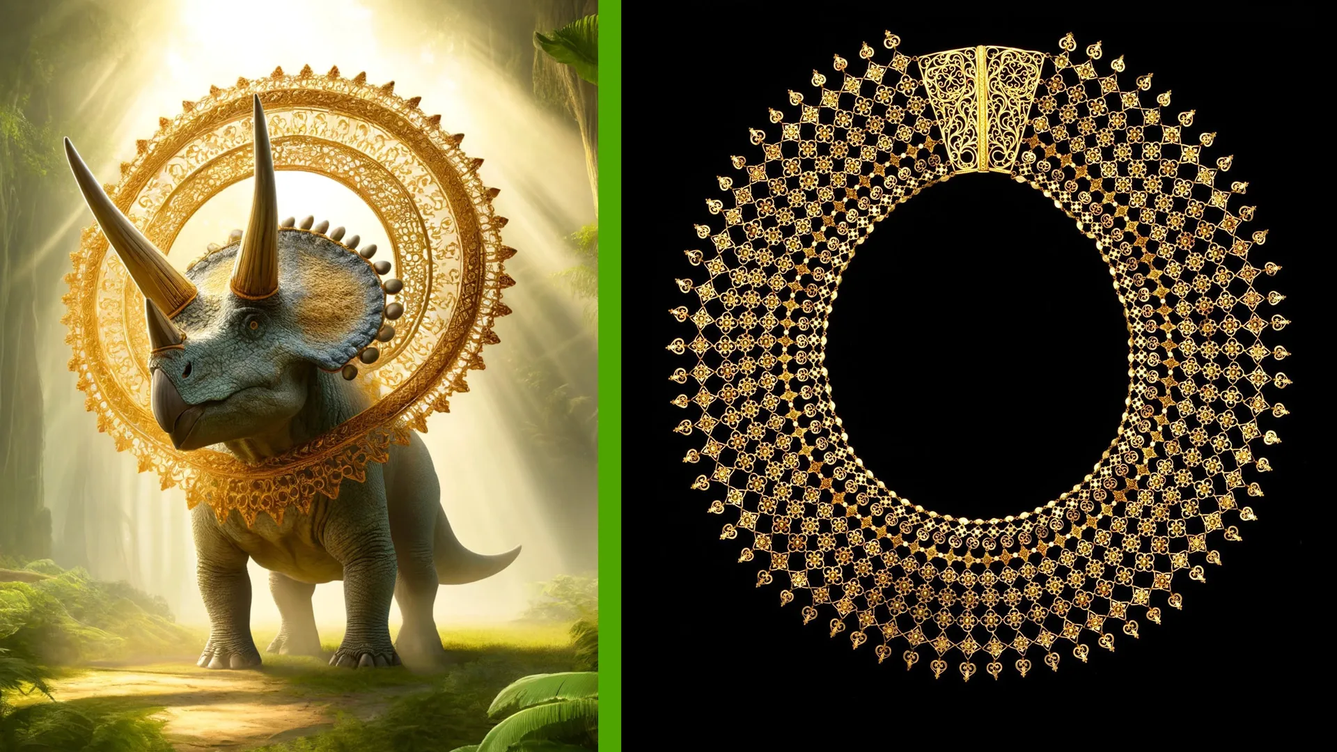 An AI image of a triceratops wearing a giant filigree gold necklace around its head bone with the photograph of the real filigree necklace next to it