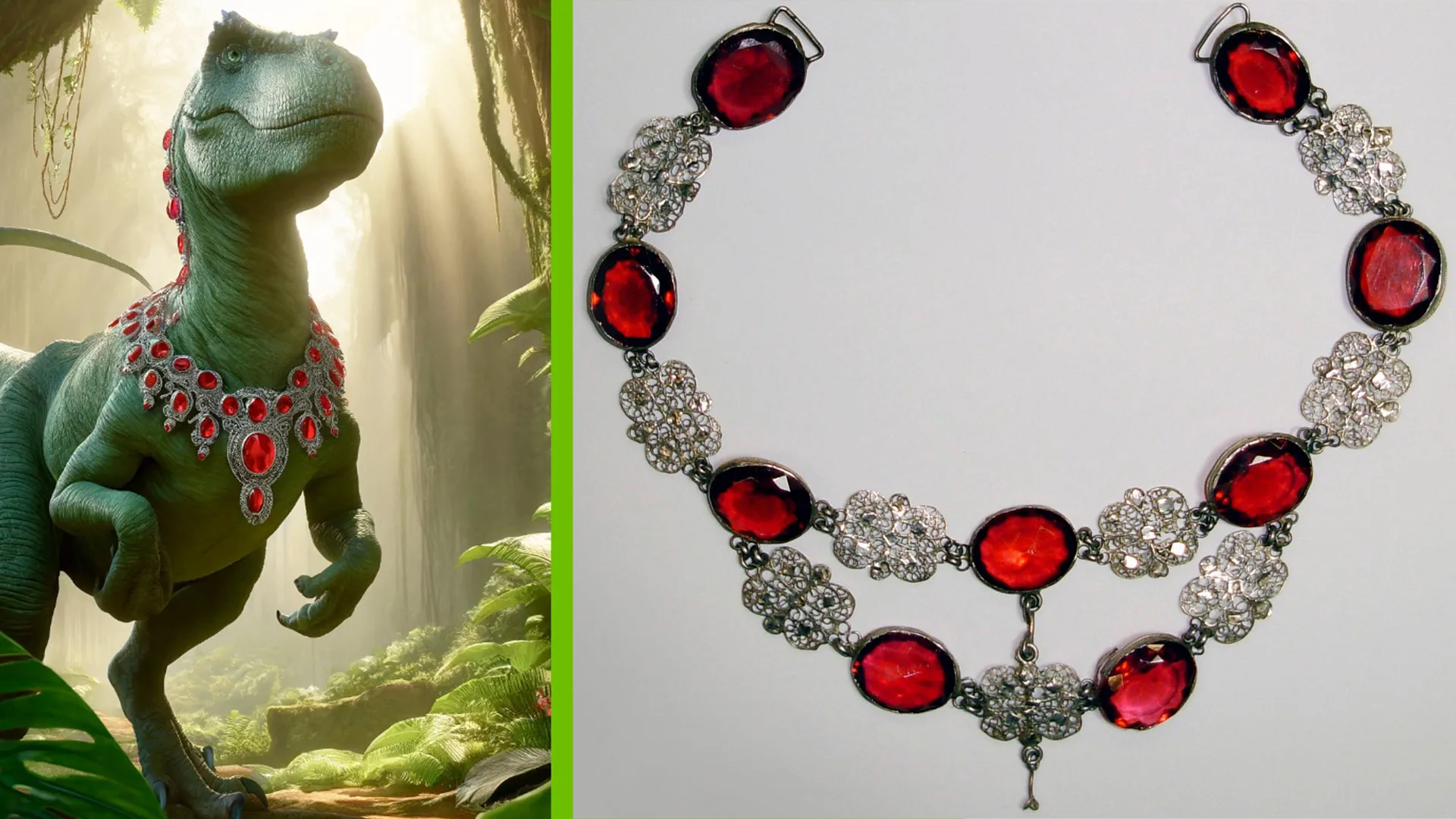 An AI generated image of a velociraptor in a necklace made of red and white stones - next to the real necklace from the V&A collection