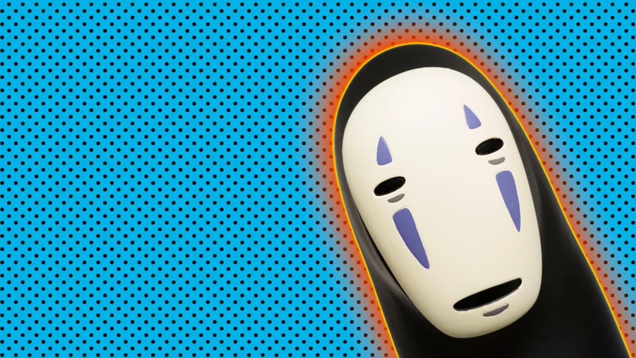 An image of the character No Face from Spirited Away against a blue dotted background with an orange halo