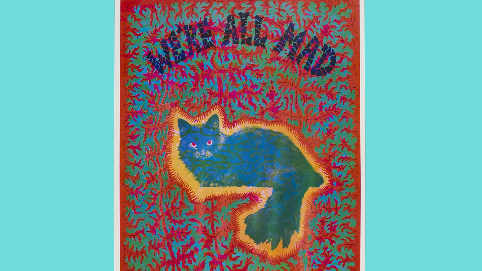 Poster print of the cheshire cat and the words 'We're All Mad' against a red, blue and green background