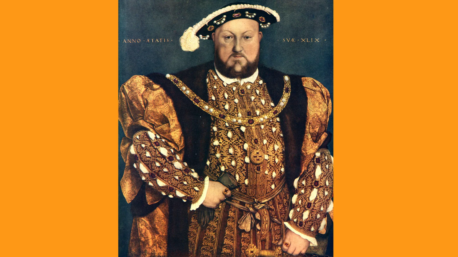 A painting of Henry VIII in his fur and velvet brown outfit with a feathered hat