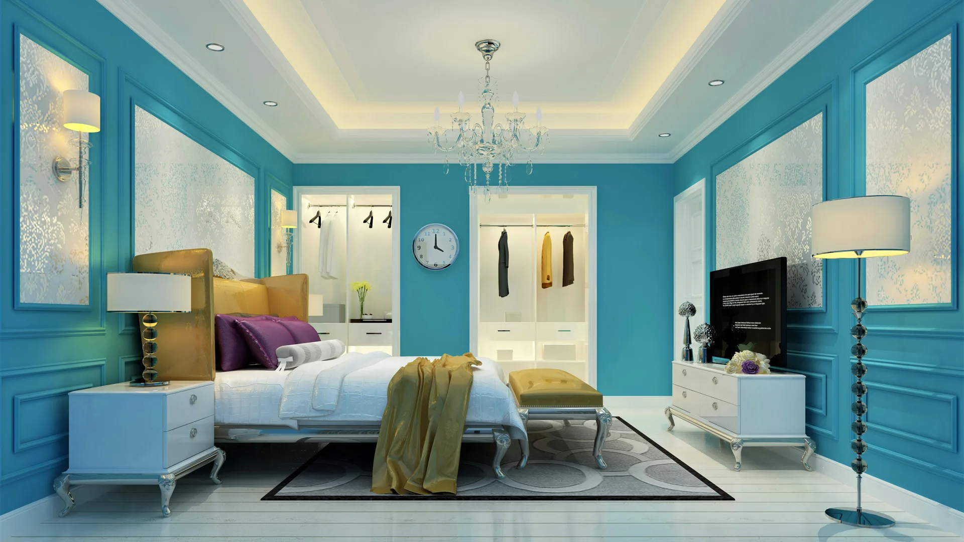 A photo of a blue and white bedroom with a white bed and yellow blanket hanging off of it - a yellow stool at the end of the bed and gold headboard. There's a chandelier and lamps with a white chest of drawers and a television.