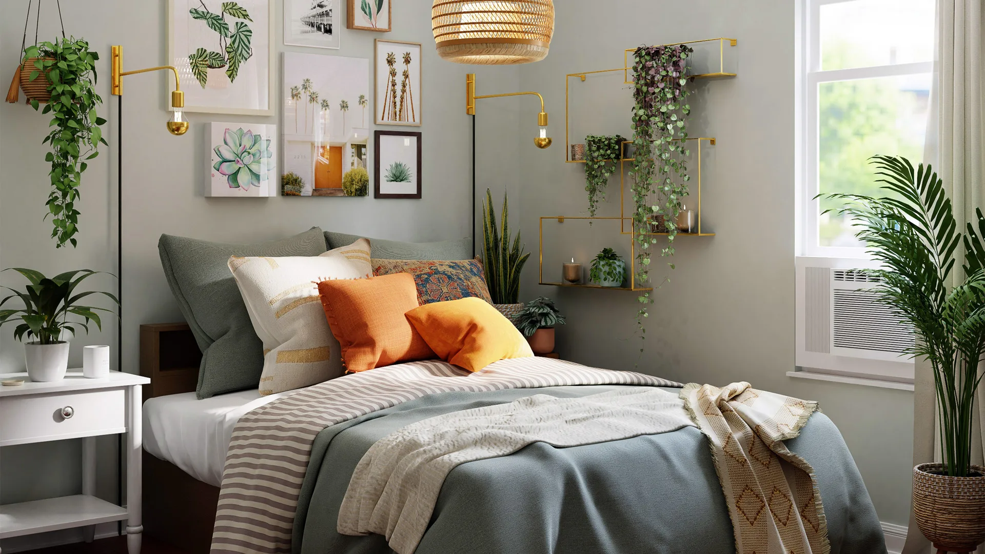 A photo of a bedroom with a blue and grey bed with orange cushions surrounded by plants on the wall with gold shelves - with a hanging gold lampshade and plants around the floor