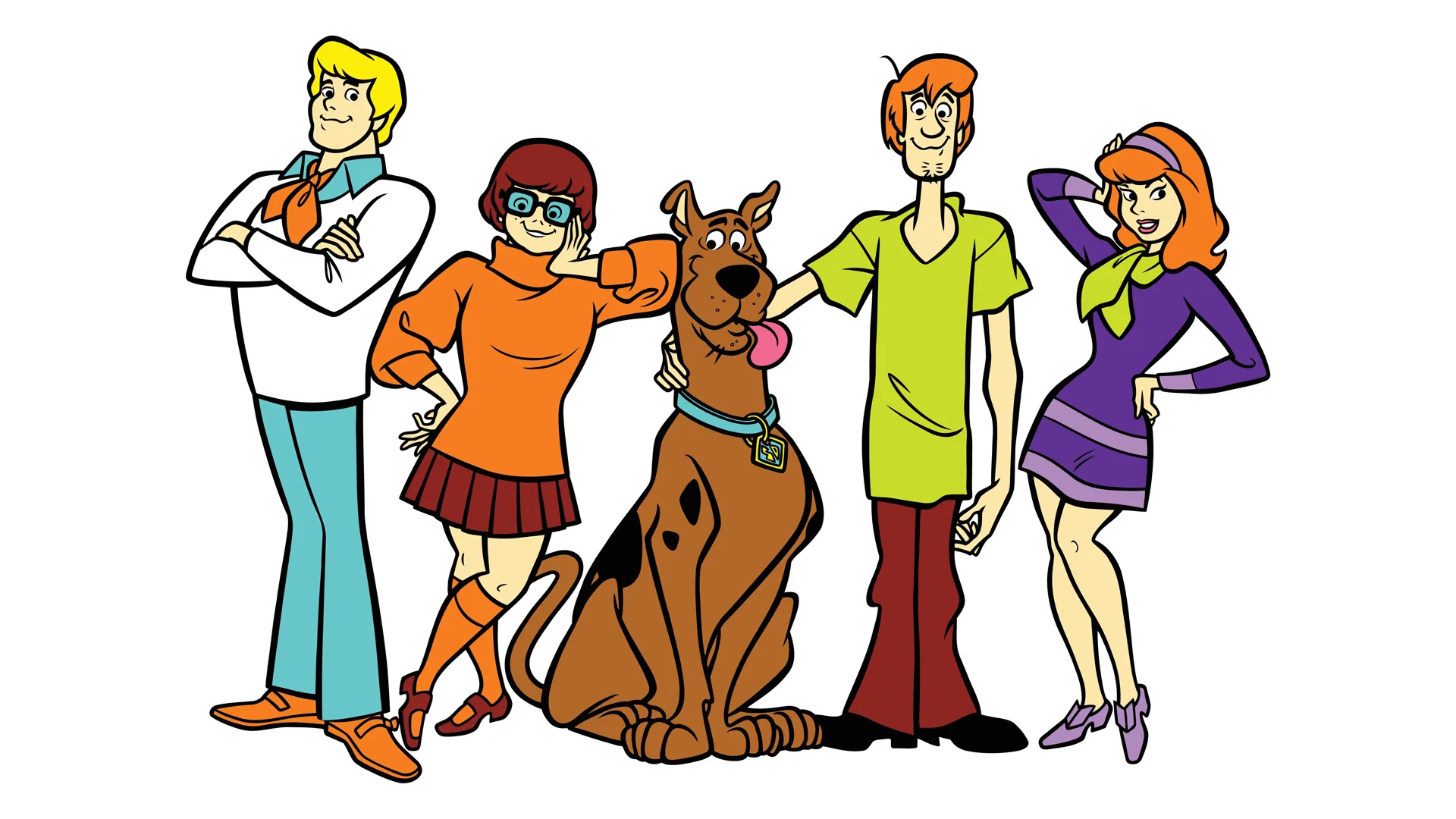 A still from Scooby Doo showing all of the characters - Fred, Velma, Scooby Doo, Shaggy and Daphne, stood in a line against a white background.