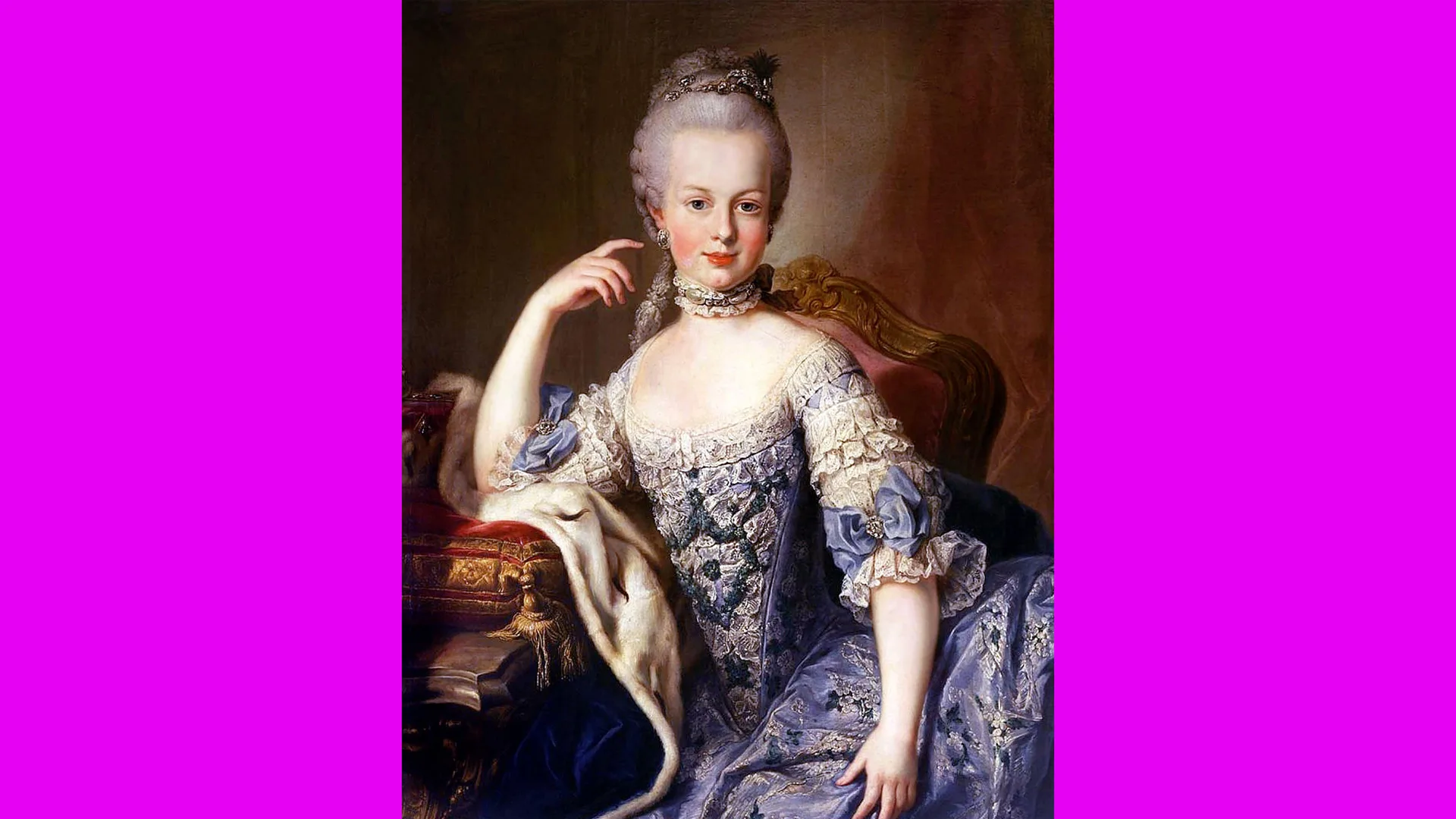 A painting of Marie Antoinette reclining on a chair with her hand held up to her face, wearing a powder blue dress with lace trim. She is smiling directly at the camera with a grey wash background. The painting is bordered with neon pink.