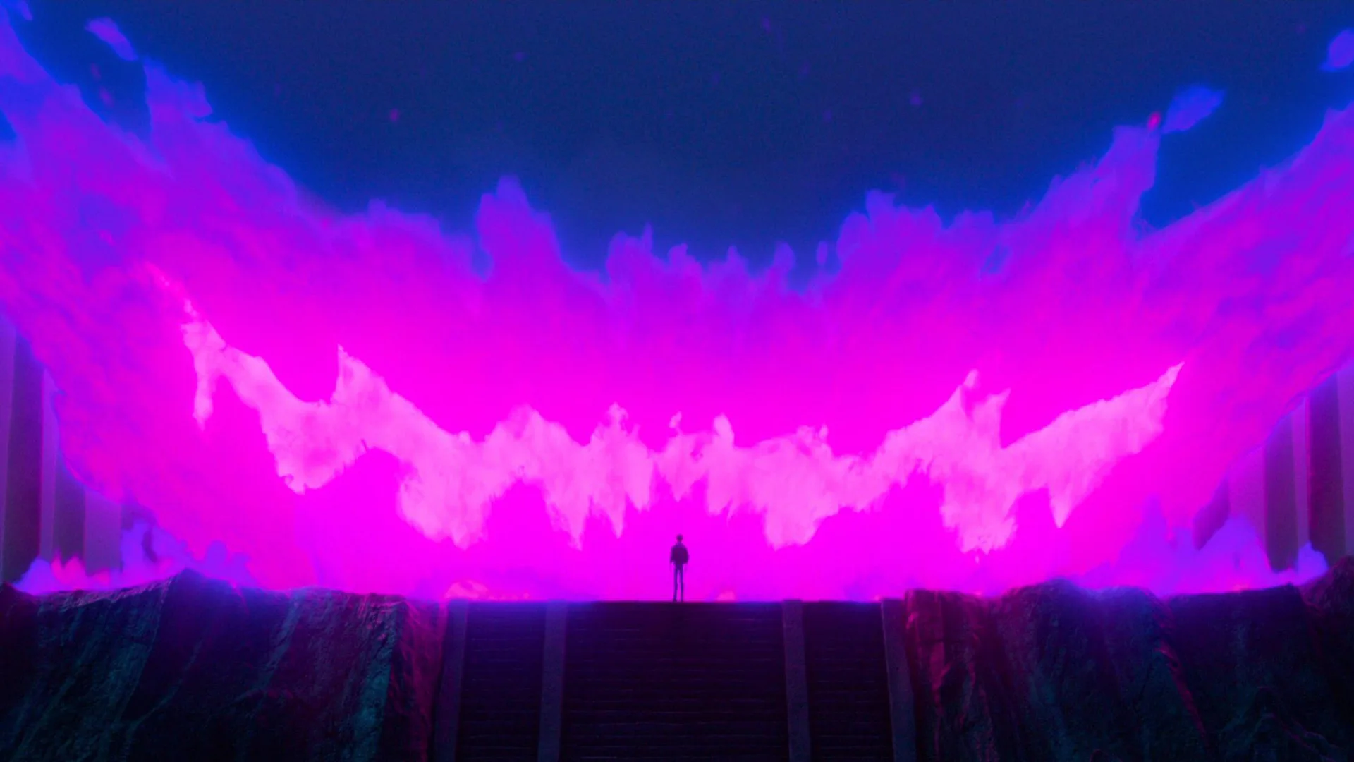An image from KPop Demon Hunters showing a brightly lit purple and blue background with a lone figure at the centre stood on a black ground.