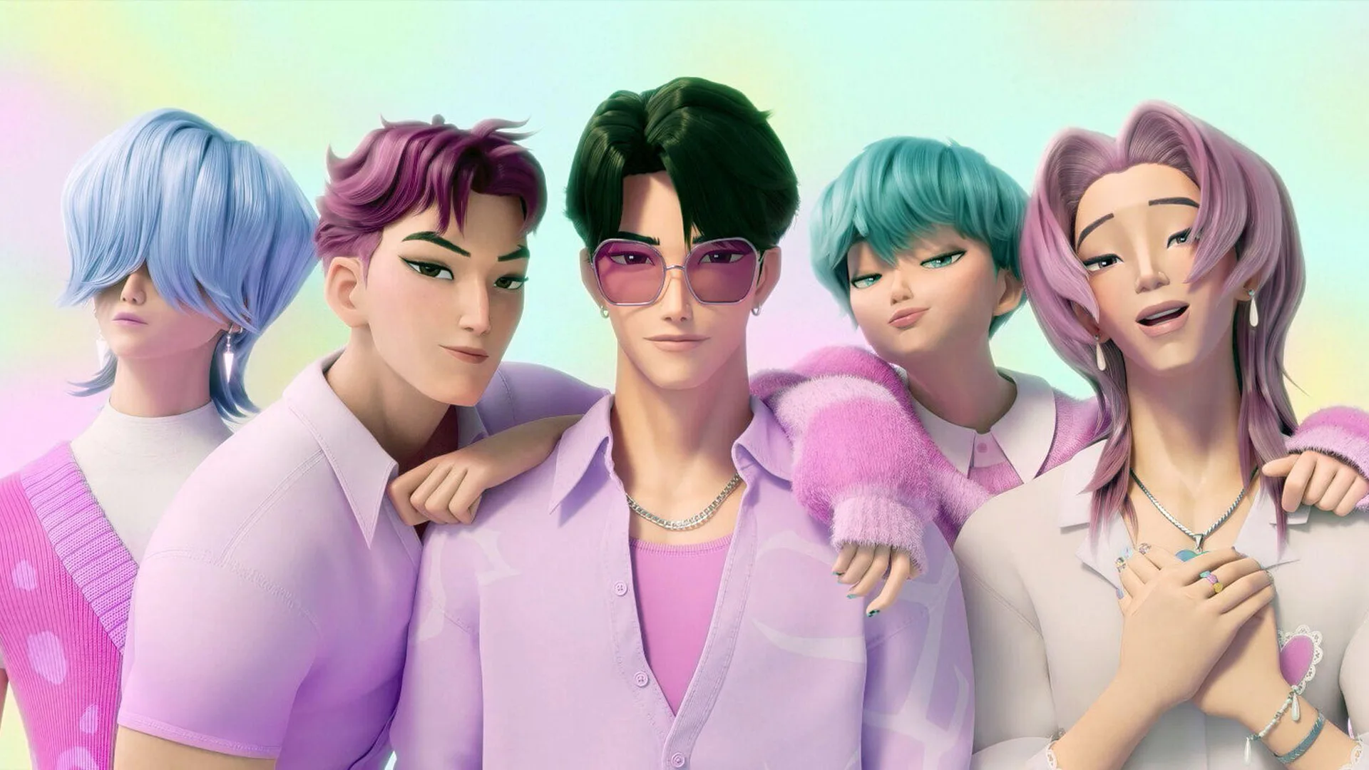An image from KPop Demon Hunters showing the rival boyband in matching pastel pink outfits stood in a line against a pastel blue background.