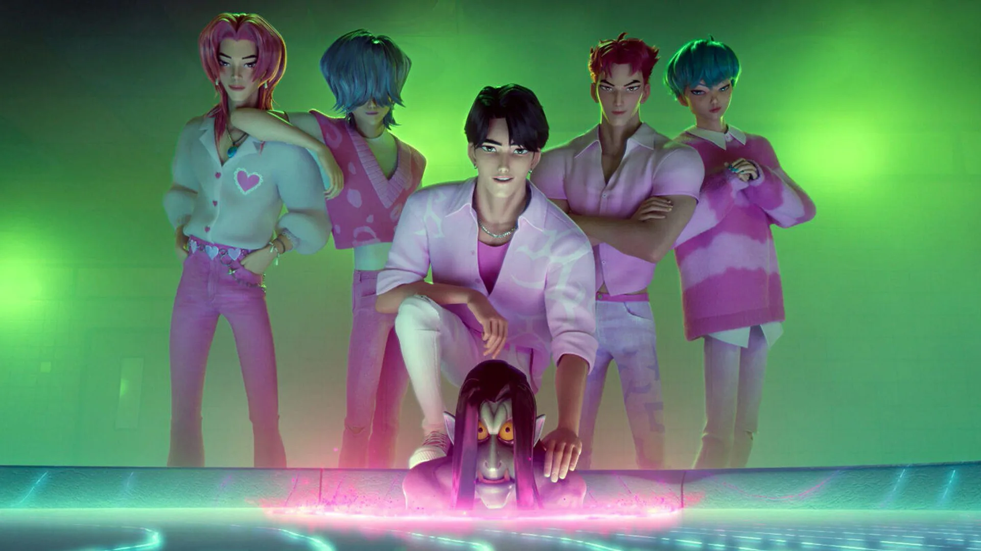 An image from KPop Demon Hunters showing the rival boyband stood on stage in various poses from standing to kneeling with a monster beneath them and green and pink lights.