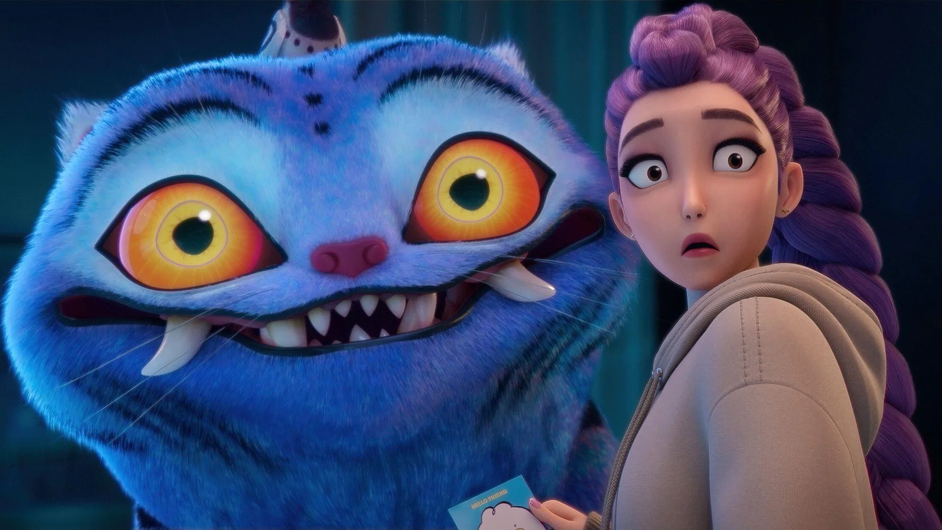 An image from KPop Demon Hunters showing the character Rumi with a surprised expression on her face stood next to a giant blue cat-like creature with big fangs and yellow eyes.