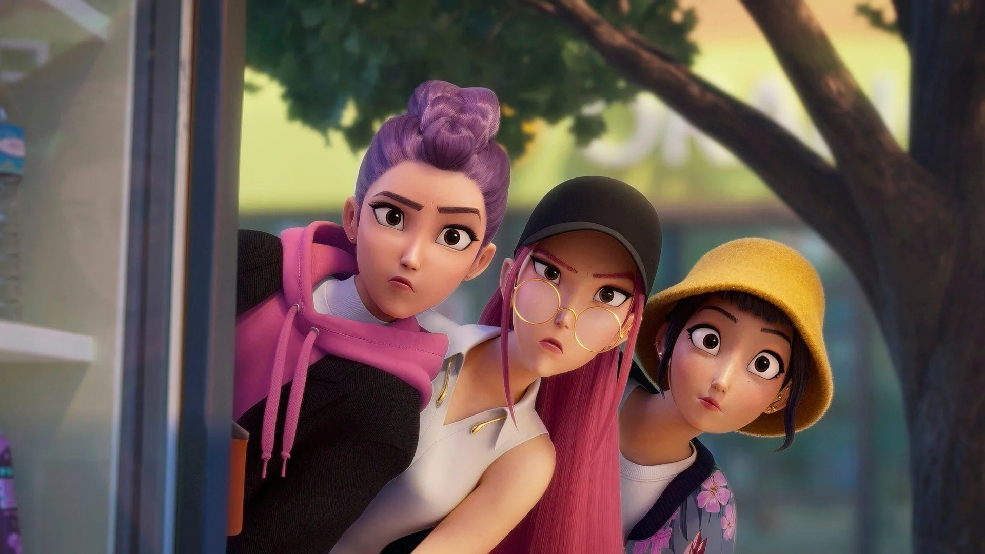 A still from KPop Demon Hunters showing the three characters peering out from behind a building with puzzled looks on their faces. They are stood against a tree-lined background.