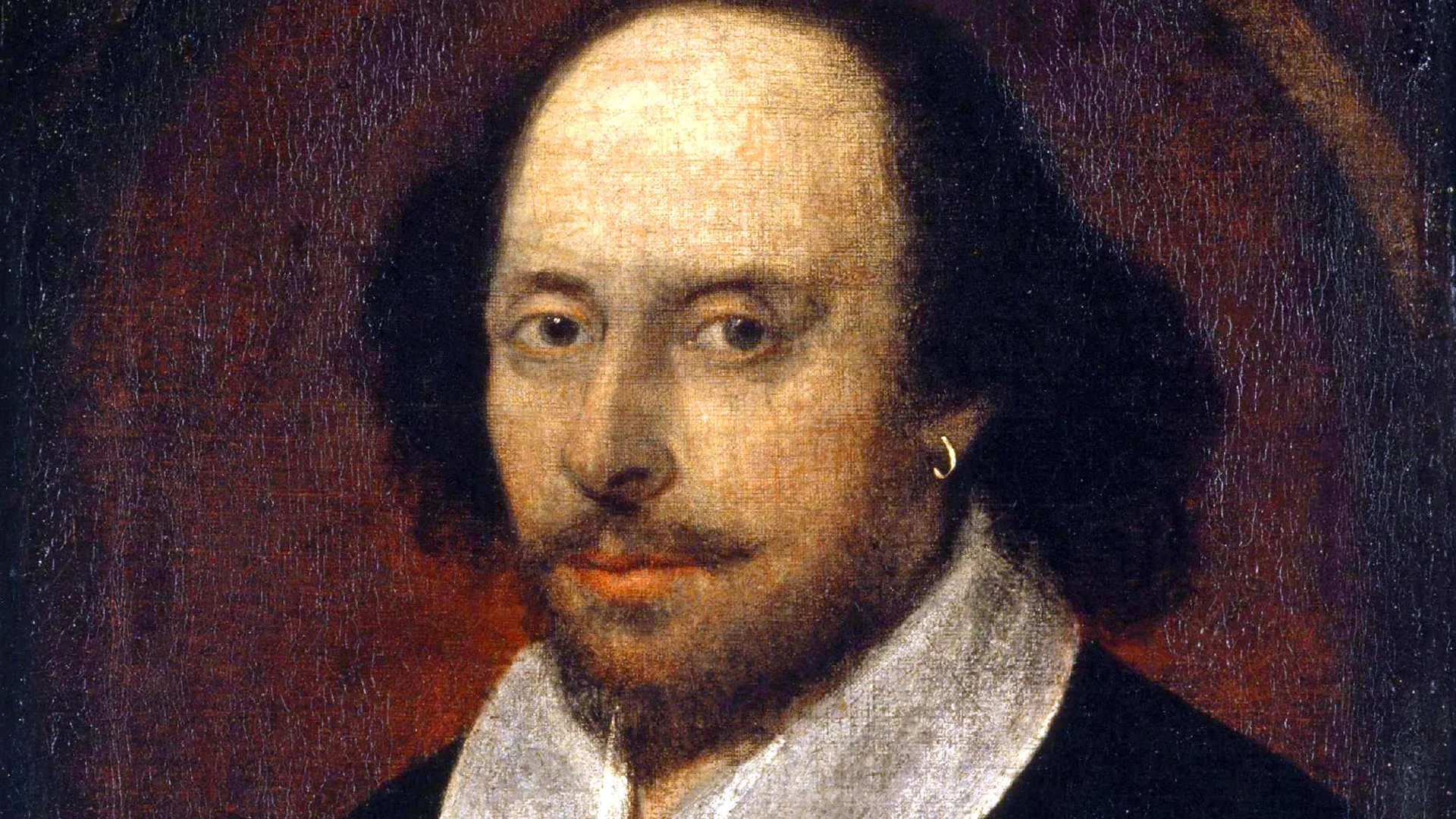 A painting of Shakespeare showing him with a moustache and beard and a white shirt over a black jacket. The background is a dark reddish black.