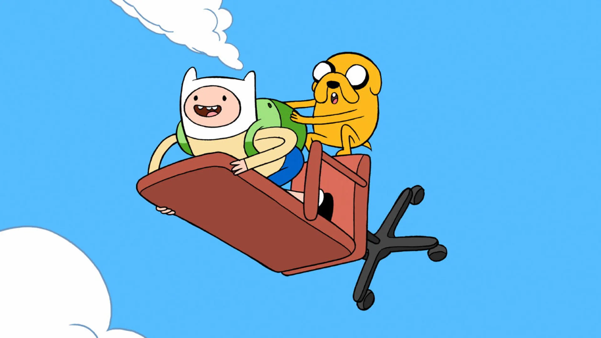 A still from the cartoon Adventure Time showing the two main characters flying through the air on a red office chair surrounded by blue sky and clouds.