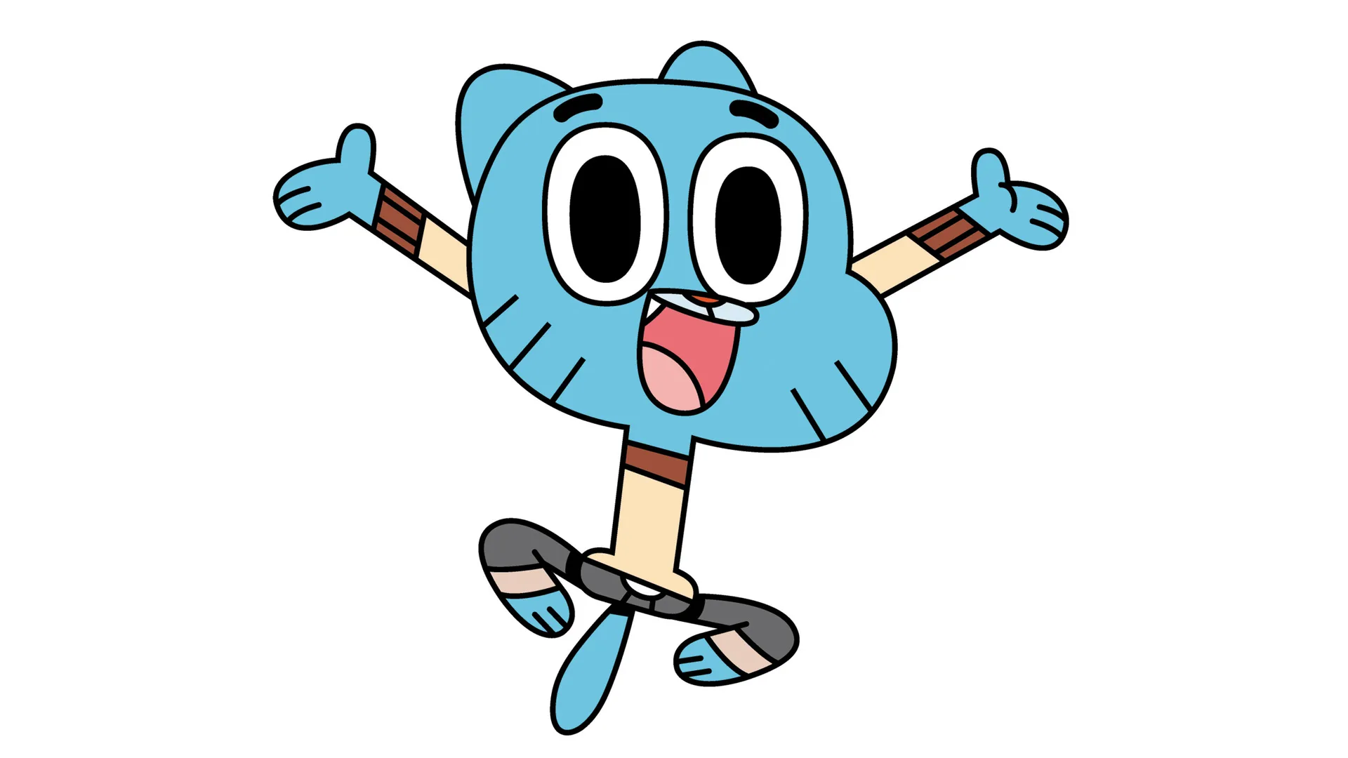 An image of the cartoon character THE AMAZING WORLD OF GUMBALL showing the blue cat jumping in the air with arms outstretched and a big smile.