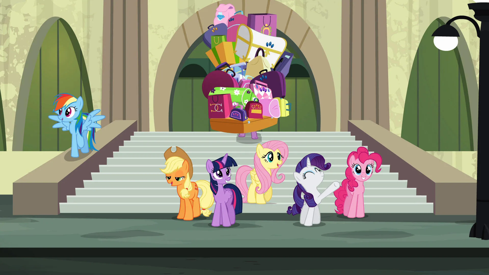 A still from My Little Pony: Friendship is Magic showing the ponies stood by some steps with a big pile of cases behind them.
