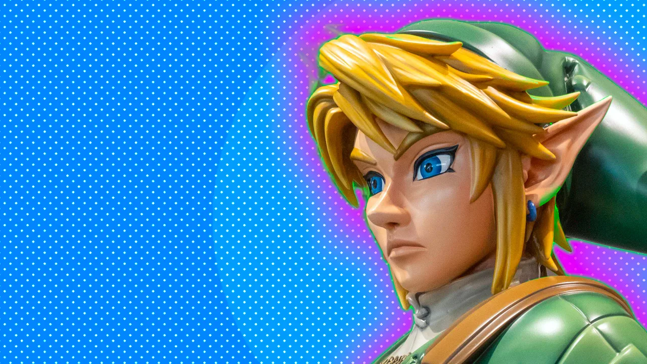 An animated figure of Link from The Legend of Zelda looking to the side with his blonde hair swept and a green hat and green top. He is set against a blue dotted background with a purple halo.