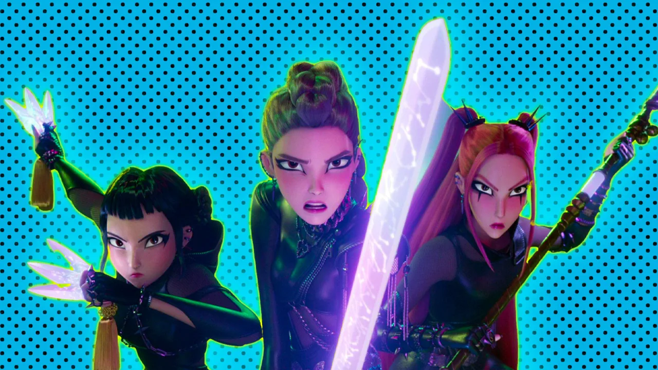 An image from KPop Demon Hunters showing the three female characters in fighting poses with their weapons in black outfits set against a blue dotted background with a blue and yellow halo.