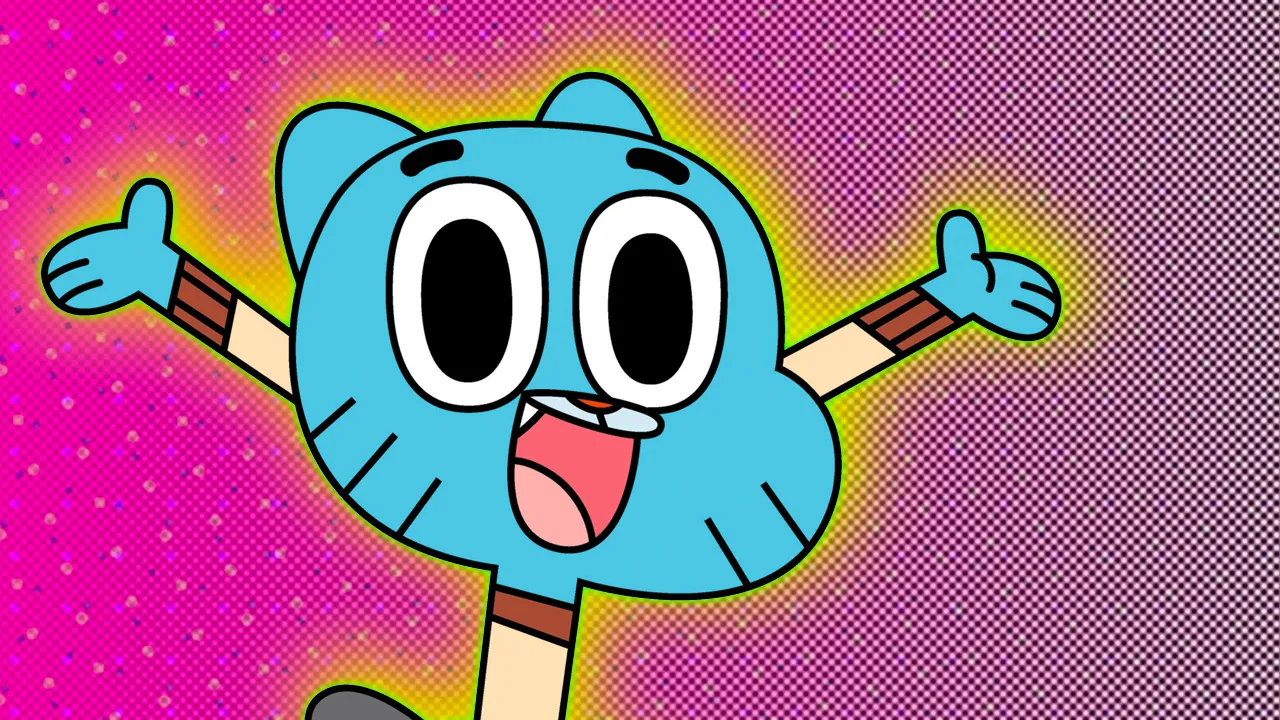 An image of the cartoon character THE AMAZING WORLD OF GUMBALL showing the blue cat jumping in the air with arms outstretched and a big smile against a pink dotted background with a yellow halo.