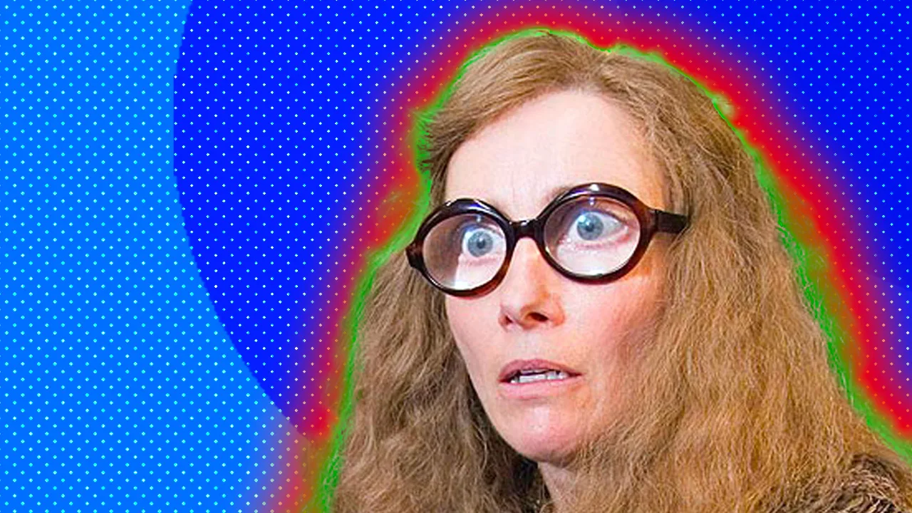 A still from Harry Potter showing Emma Thompson as Sybill Trelawney showing her in glasses with thick lenses holdiong her hand out to something in the distance against a blue dotted background with a green and red halo.